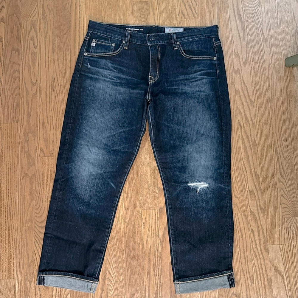 AG The Ex-Boyfriend Slouchy Slim distressed jean in dark blue, size 31R